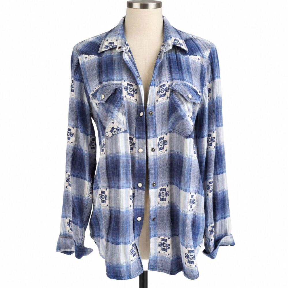 American Eagle Womens M Blue Plaid Western Pearl Snap Shirt Boyfriend Fit Cotton